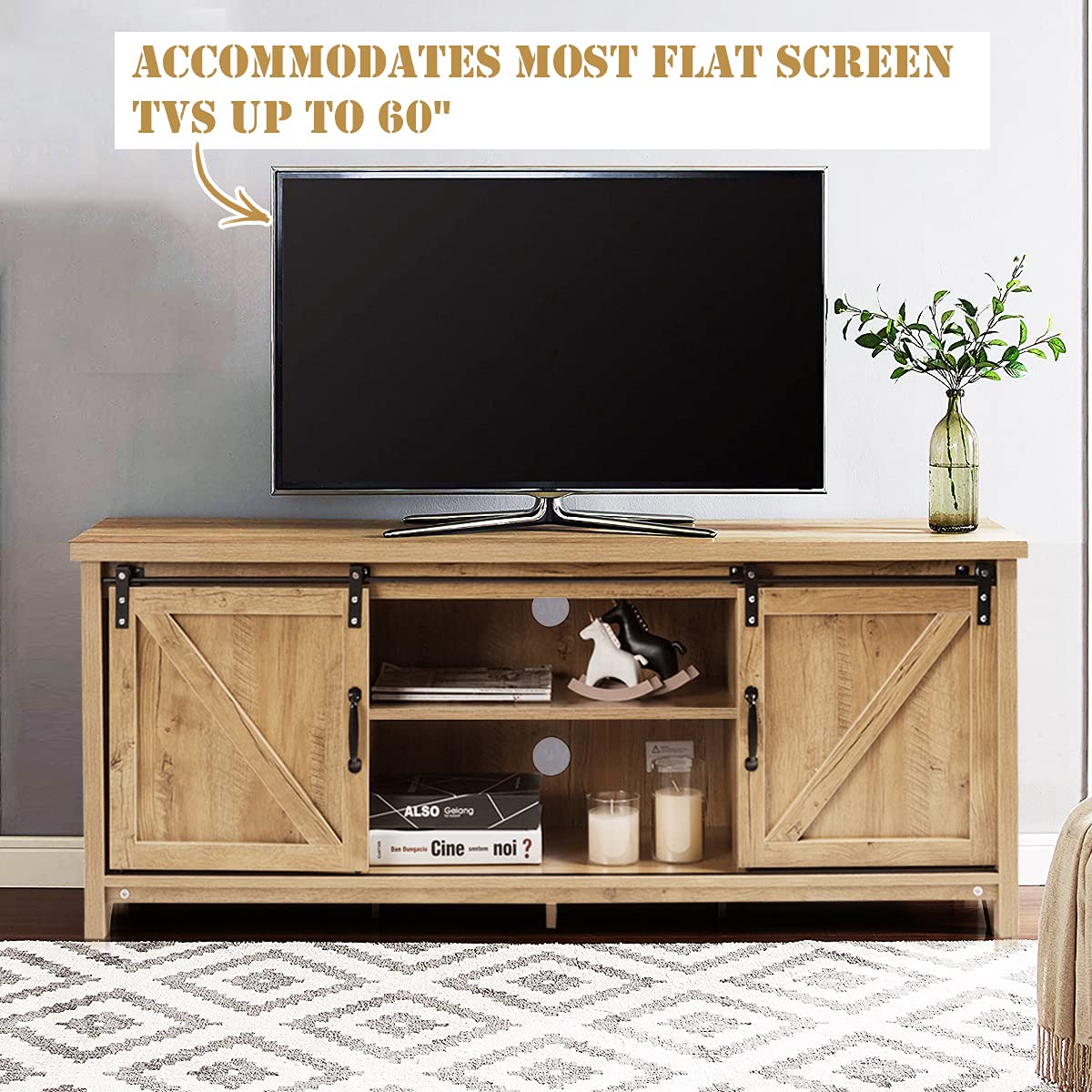 Farmhouse TV Stand for TVs up to 60 Inches, Wooden TV Cabinet Media Entertainment Center with Sliding Barn Door and Storage Shelves