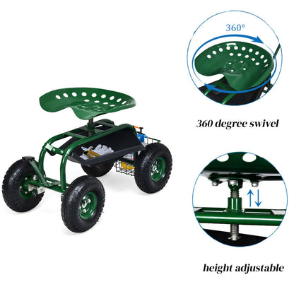 GiantexUK Adjustable Rolling Garden Cart, Swivel Gardening Trolley Planting Station Seat with Tool Tray & Basket