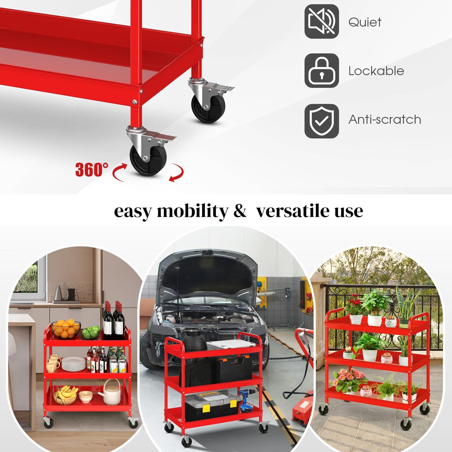 GiantexUK 3-Tier Tool Trolley, Metal Frame Utility Service Cart with 4 Wheels and Handle (3-Tier, 2 U-handles, Red)