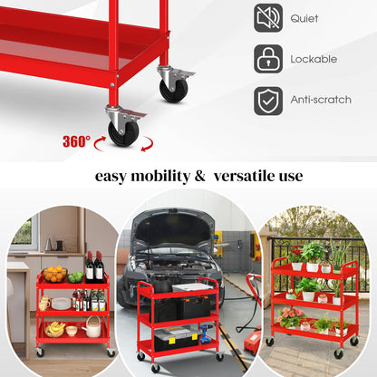 GiantexUK 3-Tier Tool Trolley, Metal Frame Utility Service Cart with 4 Wheels and Handle (3-Tier, 2 U-handles, Red)