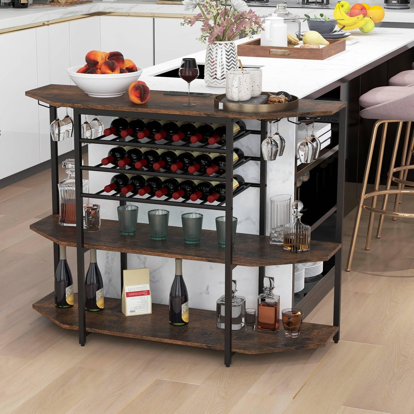 GiantexUK Wine Bar Cabinet, 3-Tier Kitchen Bar Table with 21 Bottles Wine Rack, Glass Holder, Charging Station & Adjustable Foot Pads