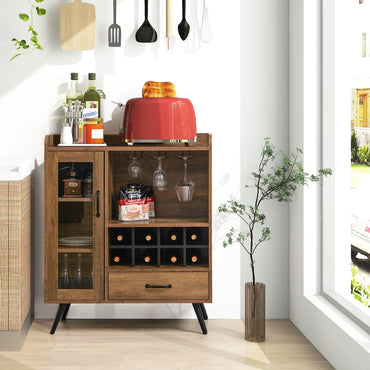 GiantexUK Wine Cabinet, Wooden Buffet Sideboard with Shelves, Removable Wine Racks, Drawer