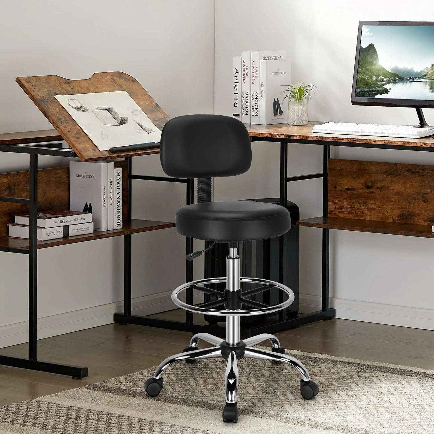 Ergonomic Drafting Chair, Height Adjustable Stool Swivel Office Chair with Backrest and Adjustable Footrest