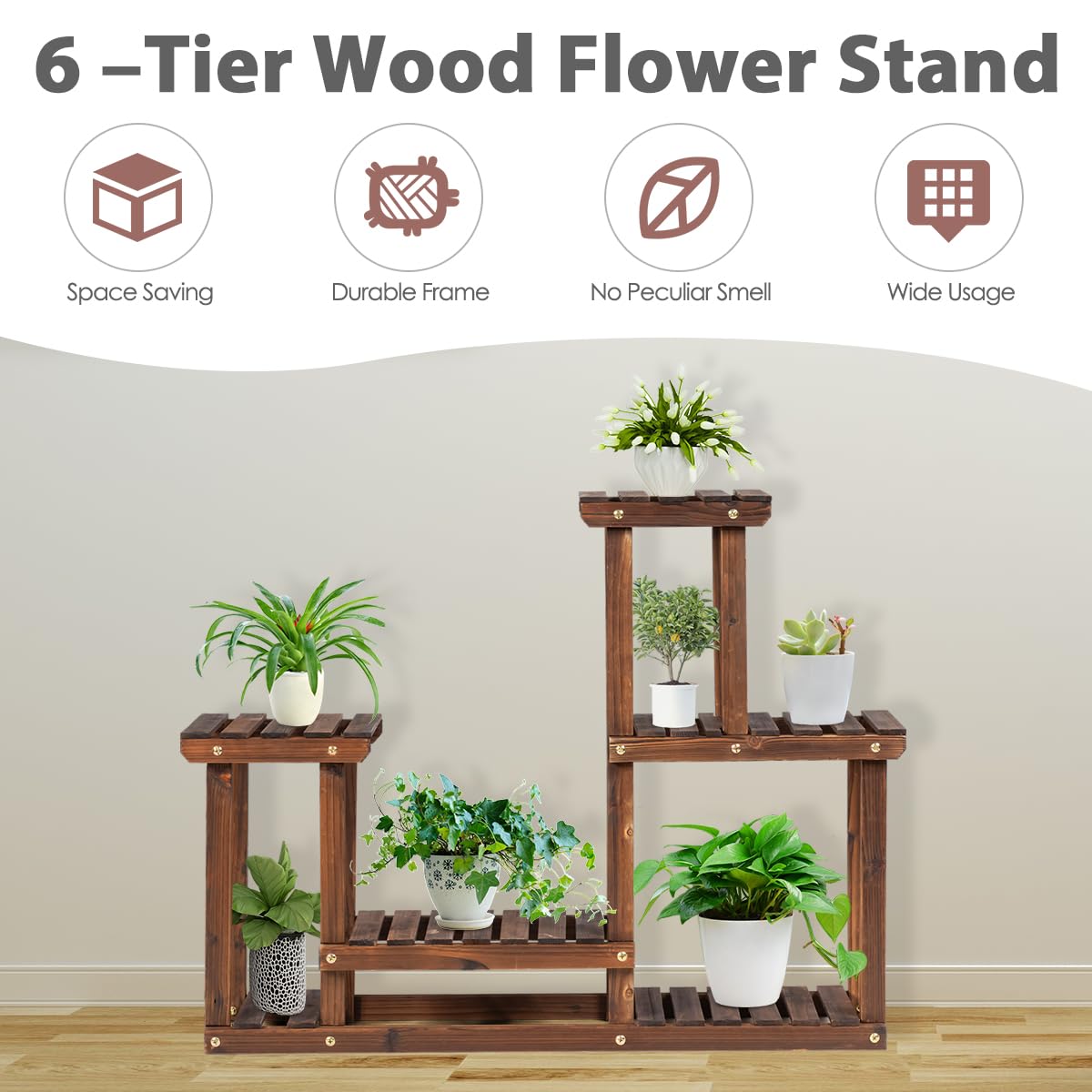 6 Tiers Plant Stand, Solid Wood Flower Pot Holder Bonsai Display Storage Shelves (95 x 25 x 73cm, 6-Tier)