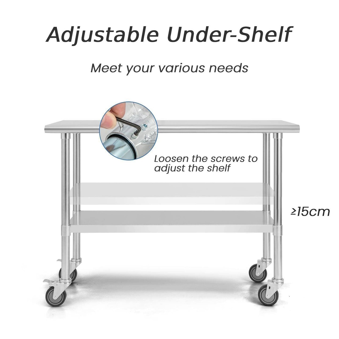 GiantexUK Stainless Steel Catering Table, 122 x 61 x 89 cm Rolling Commercial Work Table with 4 Wheels & Flexible Adjustment Shelf