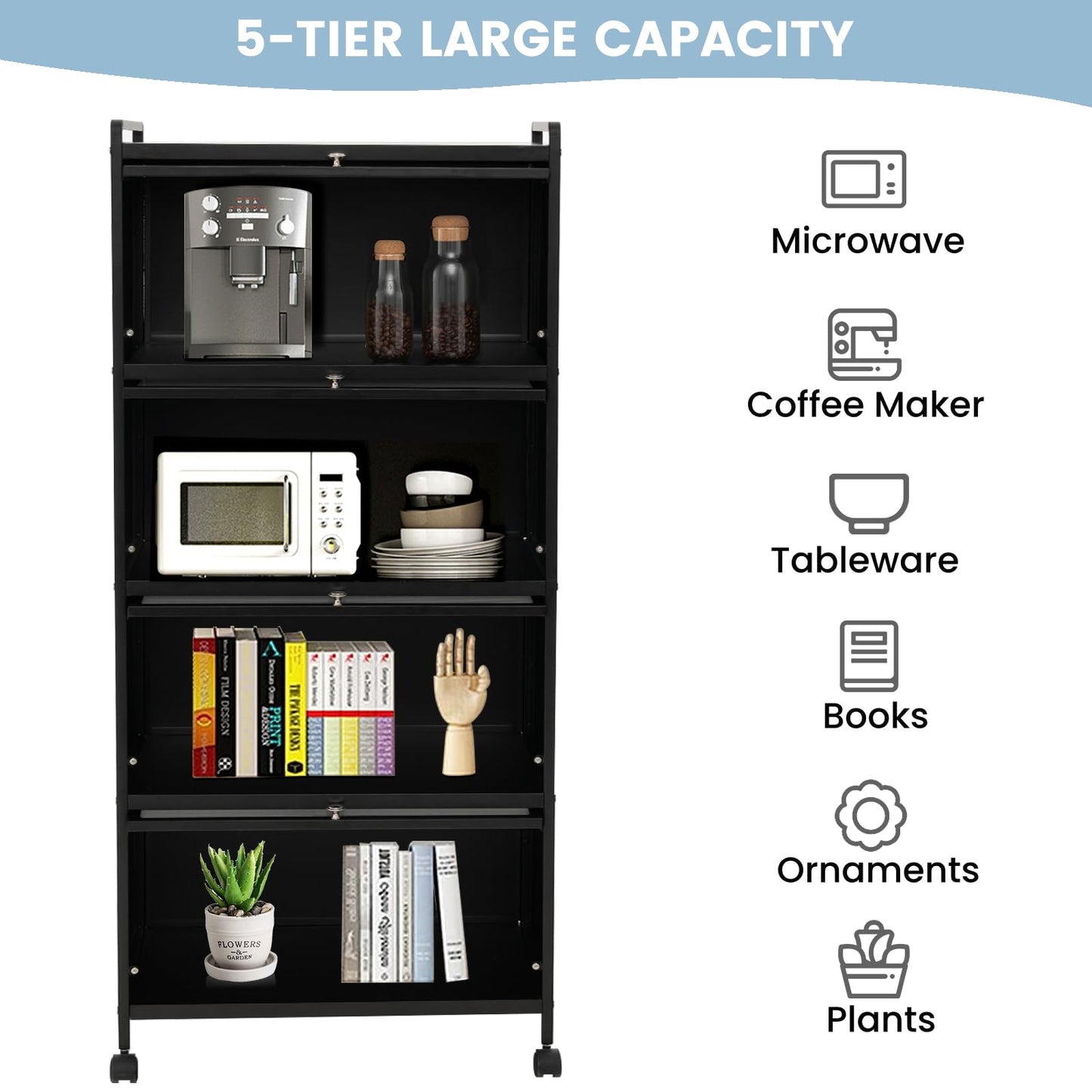 GiantexUK Kitchen Storage Shelf on Wheels, 5-Tier Backer Rack with Flip-up Doors & Anti-toppling Device