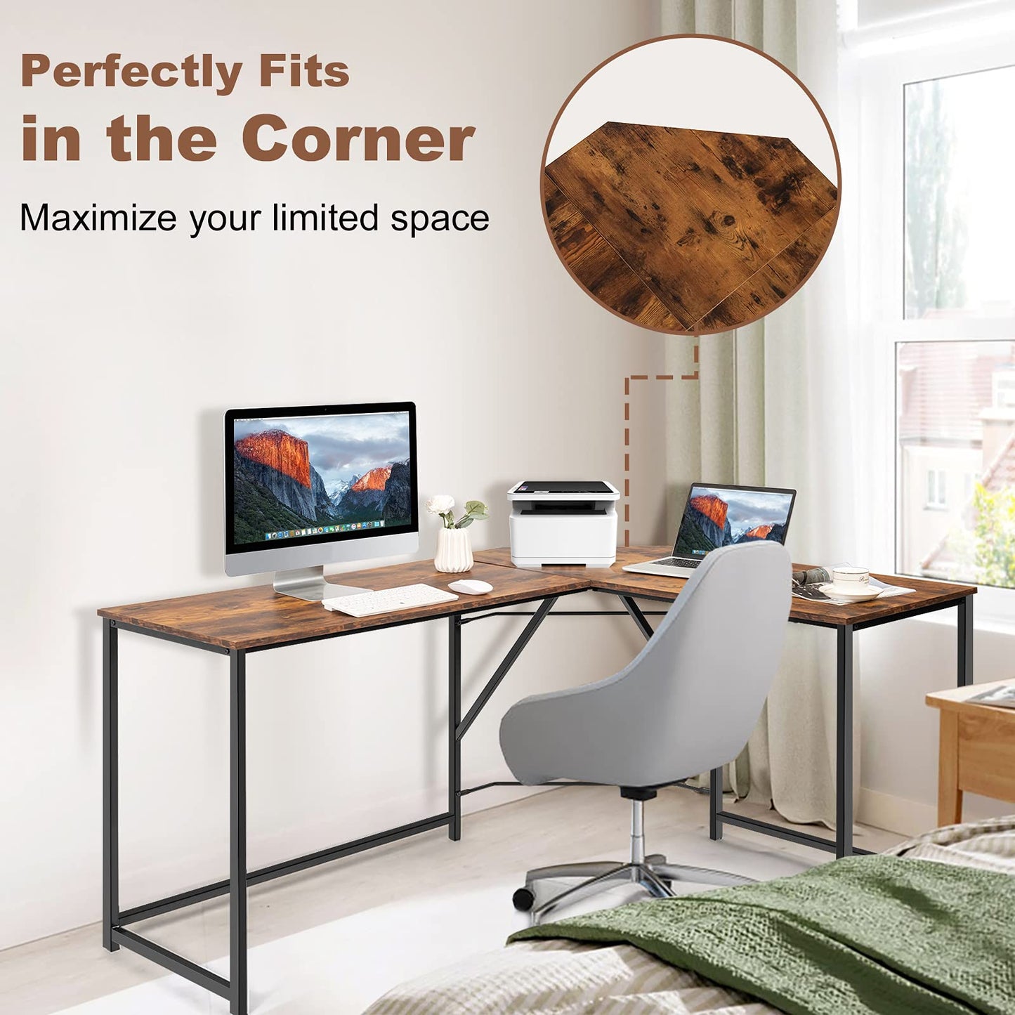 L-Shaped Computer Desk, Industrial Large 2-Person Corner Writing Workstation PC Laptop Table (Rustic Brown, 148 x 120 x 75cm)