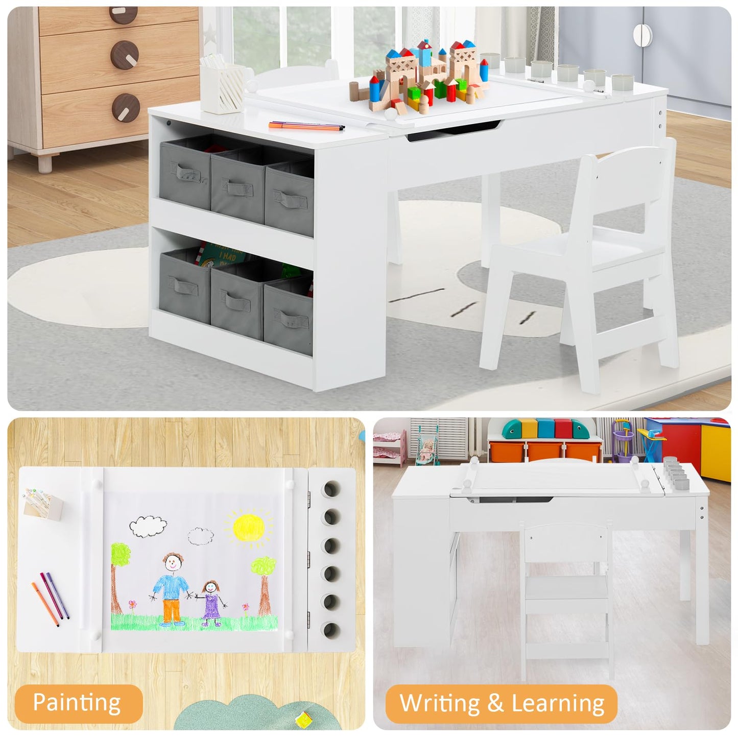 2-in-1 Kids Art Table and Chairs Set, Wooden Toddler Craft Easel Desk with 2-Tier Open Shelf (6 Cups)