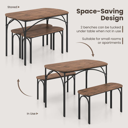 Dining Table with 2 Benches, 3 Piece Kitchen Table and Benches Set with Anti-slip Foot Pads