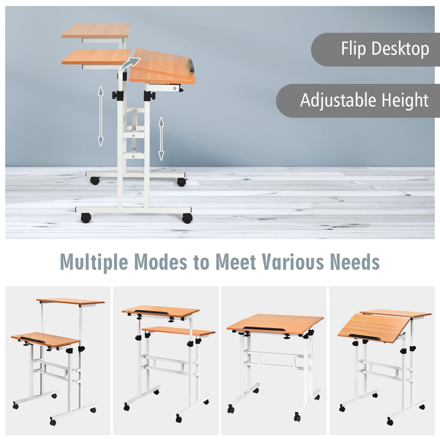 Height Adjustable Standing Desk, Mobile Laptop Table Computer Desk with Tilting Tabletop and Wheels