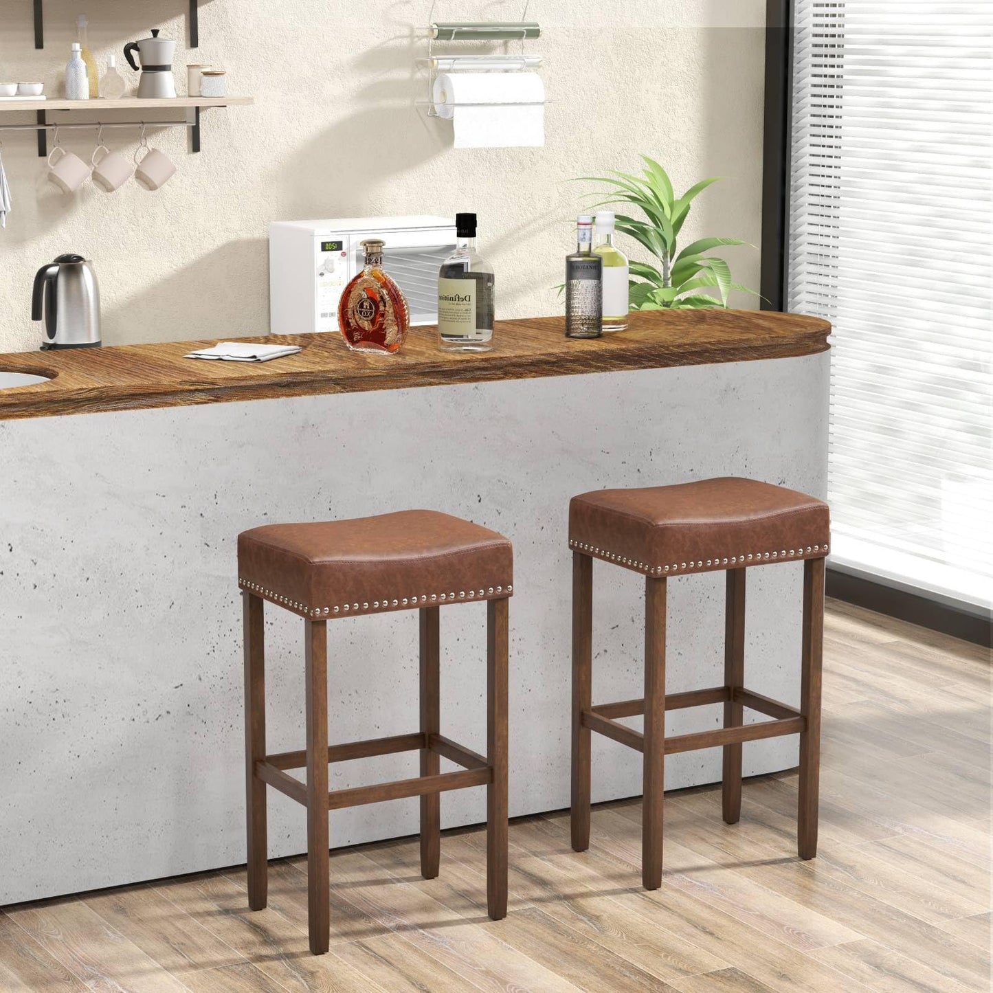 GiantexUK Bar Stools Set of 2, PU Leather Kitchen Saddle Stools with Rubber Wood Legs, Footrests & Non-Slip Foot Pad, 44x33x74cm