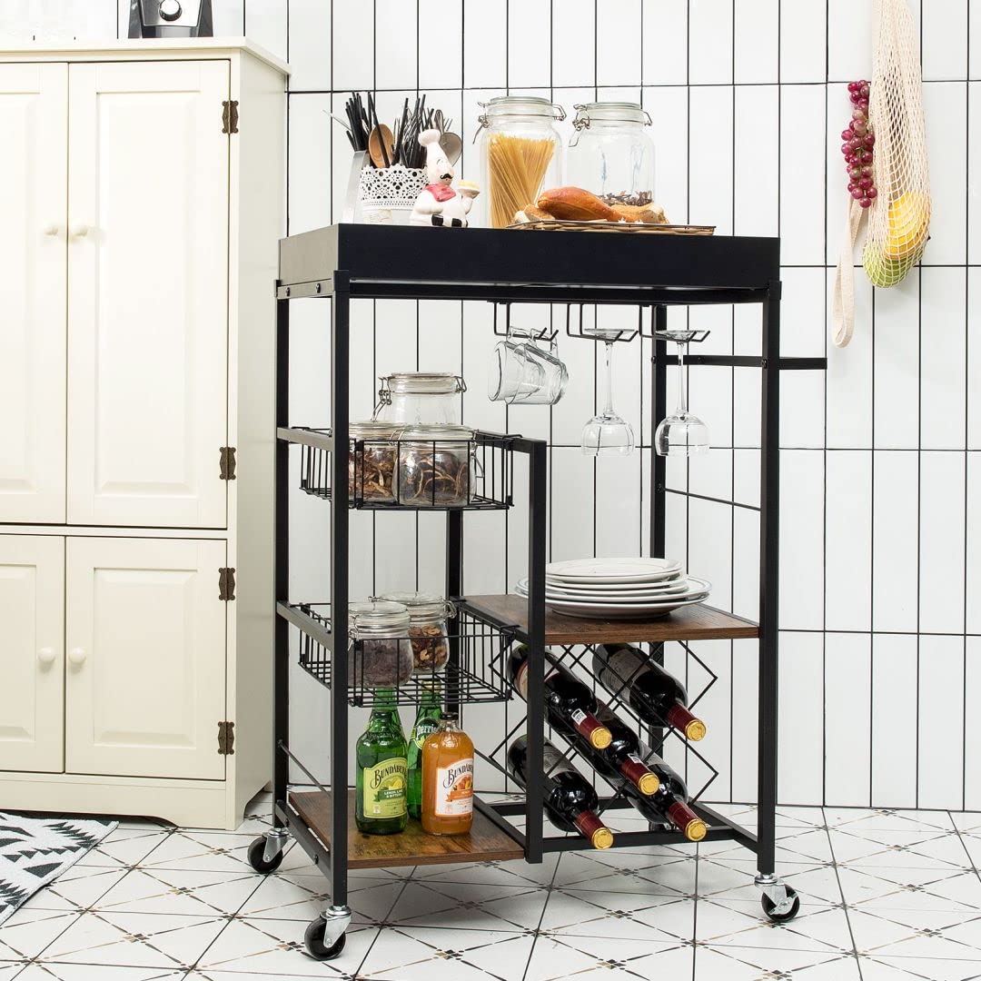 GiantexUK 4 Tier Service Cart, Industrial Kitchen Storage Trolley with Side Handle, Glass Holder, Removable Tray and Lockable Wheels