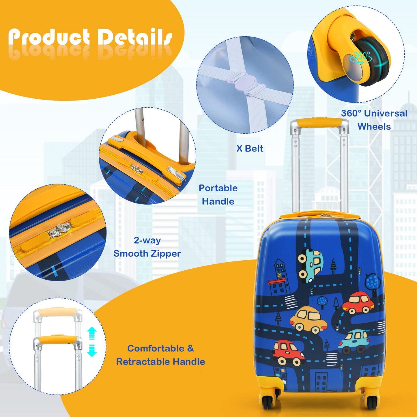 Kids Luggage Set, 2 PCS Backpack & Suitcase with Wheels and Height Adjustable Handle(Blue, 12"+18")