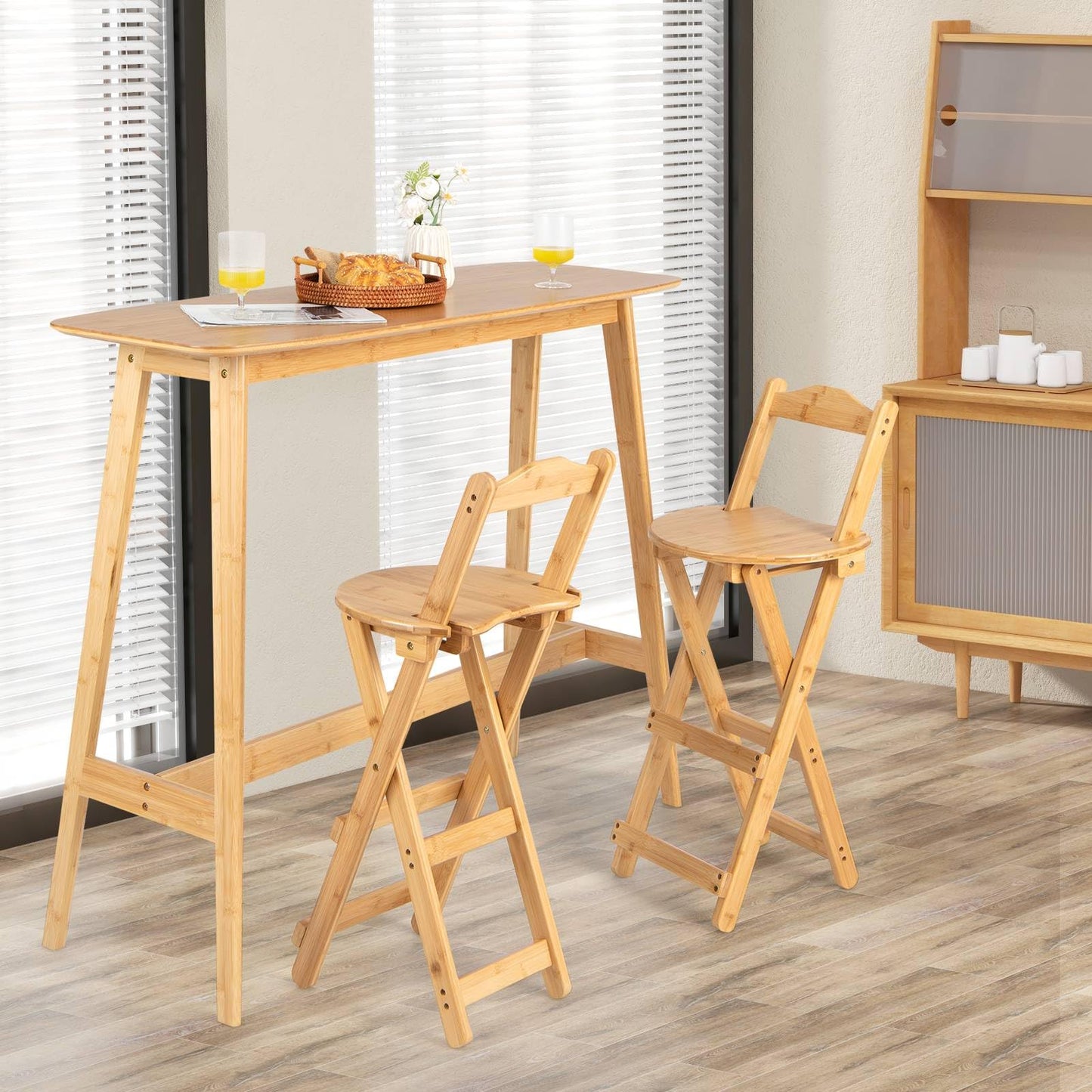 GiantexUK Folding Bar Stools Set of 2, Bamboo Kitchen Stools with Footrest (with Backrest, 36 x 36 x 84cm)