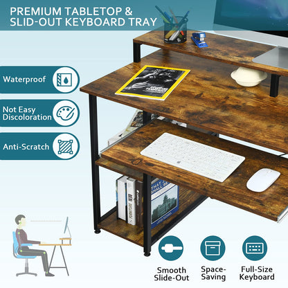 Wooden Laptop Desk, Industrial PC Table Workstation with Storage Shelves