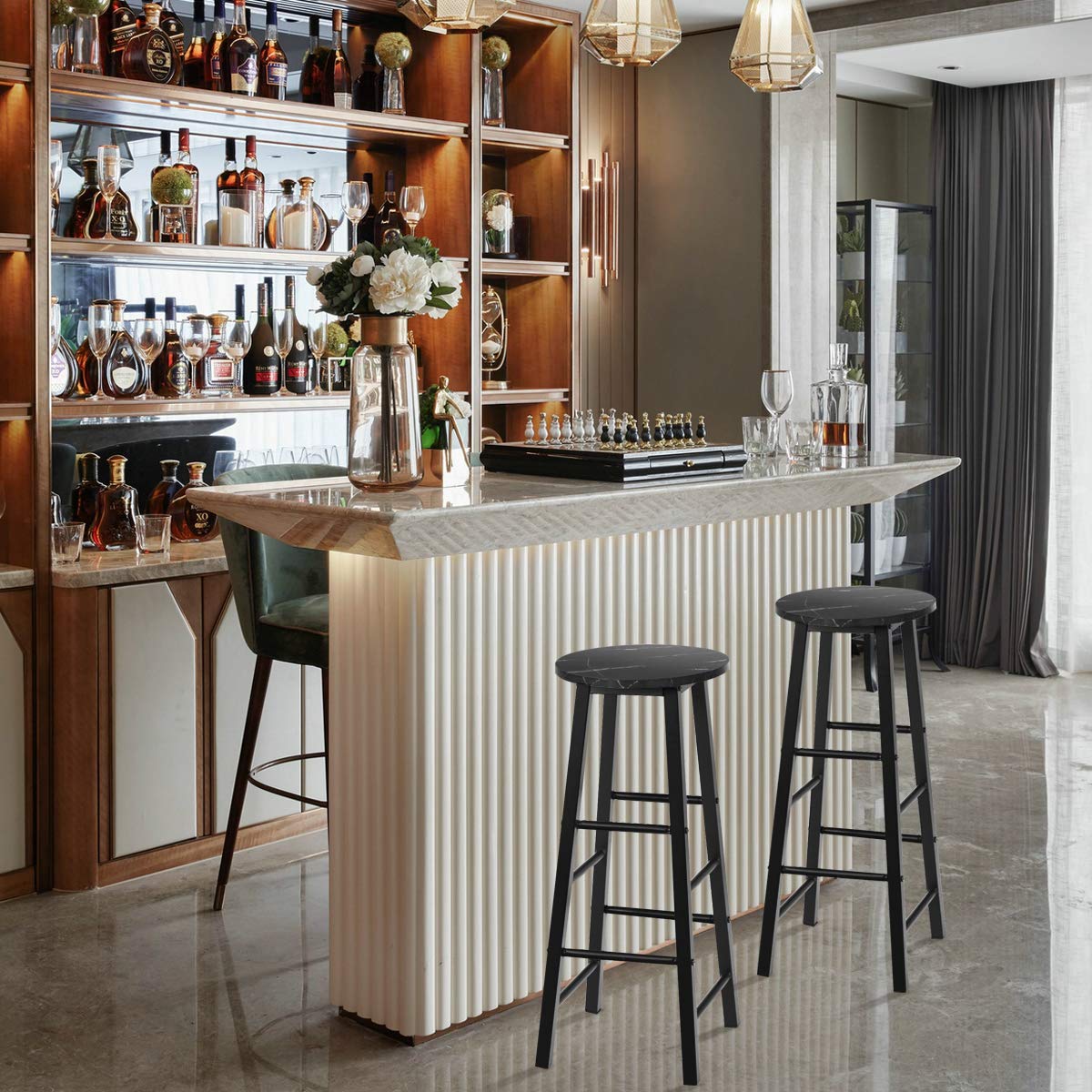 GiantexUK Bar Stools Set of 2, Marble Effect Counter Breakfast Barstools with Footrest & Anti-slip Footpads