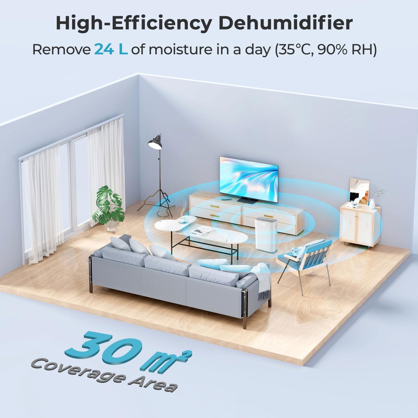 24L/Day Dehumidifier, Electric Compressor Dehumidifiers with Continuous Drainage