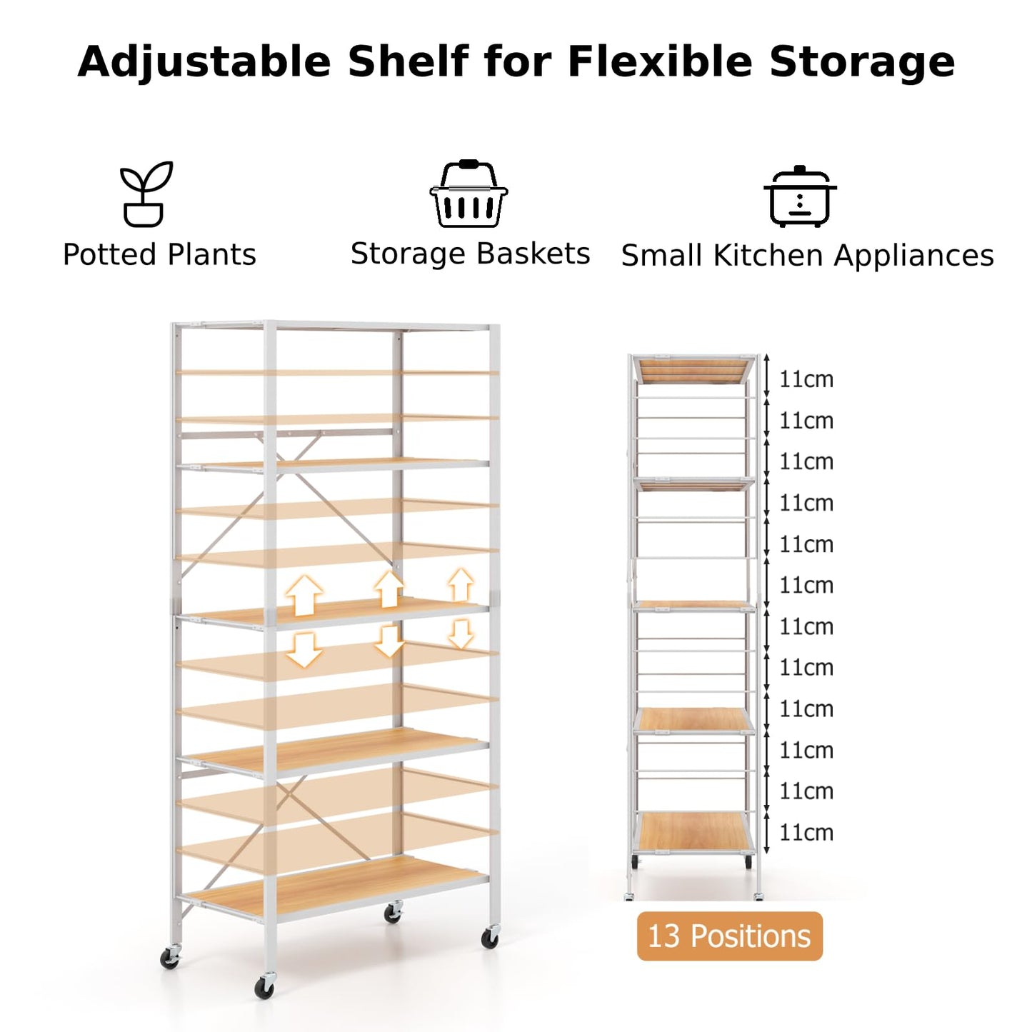 GiantexUK 5-Tier Storage Cart, Foldable Metal Frame Shelving Unit with Wheels, Adjustable Shelves & Anti-Tipping Device