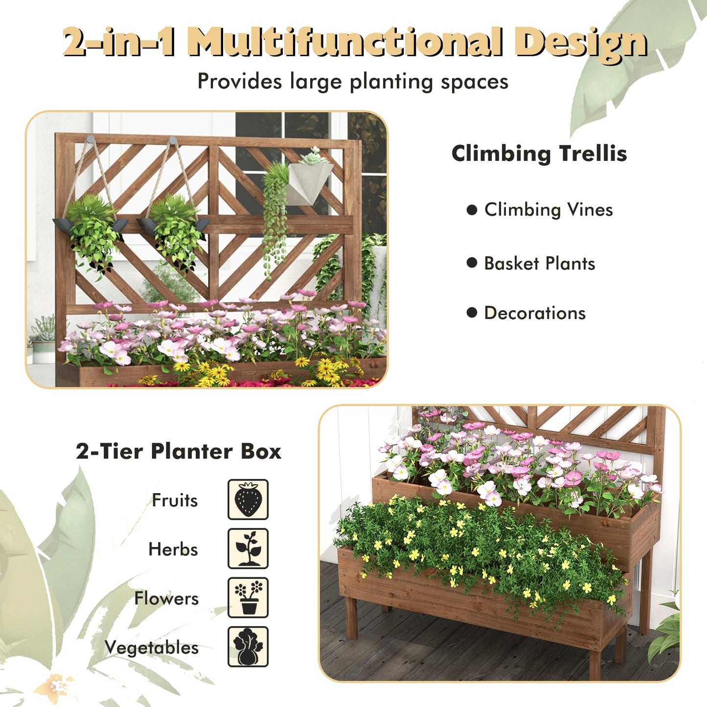 GiantexUK 2-Tier Garden Garden Bed with Trellis, Wood Garden Planter with Drainage Hole