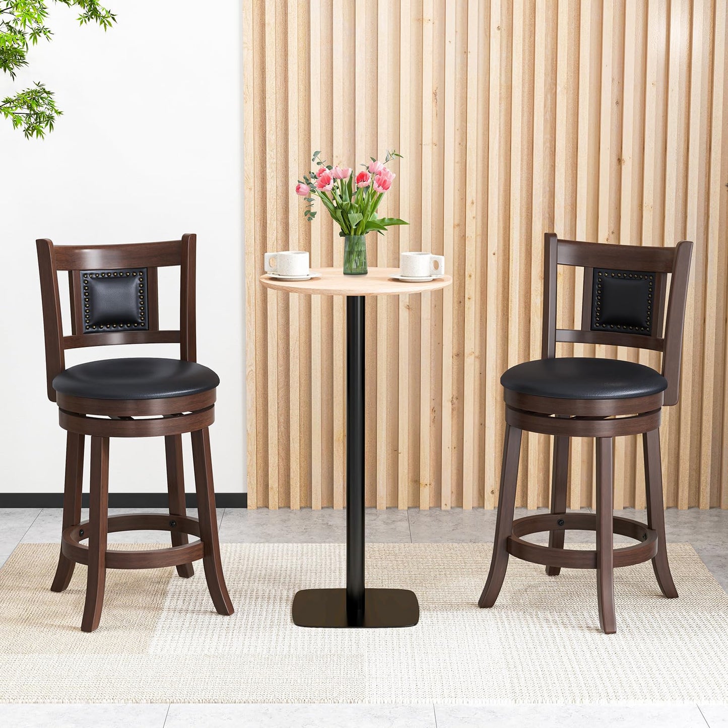 GiantexUK Bar Stools Set of 2, Swivel Upholstered Barstools with PVC Cover Seat, Curved Backrest & Footrest, 46 x 50 x 98cm