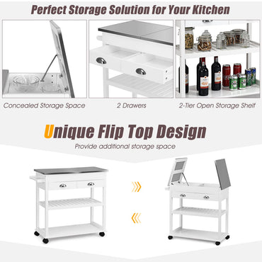 GiantexUK Kitchen Storage Trolley on Wheels, Mobile Kitchen Island with Stainless Steel Flip Top, 85x42x82cm