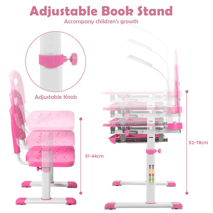 Kids Desk and Chair Set, Height Adjustable Student Study Table with Drawable & Tilted Desktop