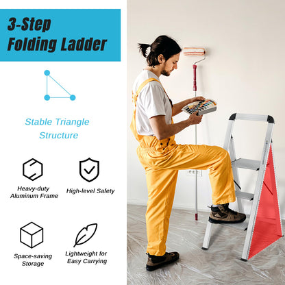 GiantexUK 3 Step Ladder, Aluminum Folding Ladder with Non-slip Wide Pedal, Anti-slip Foot Pads & Safety Buckle (3 Step with Handrail)