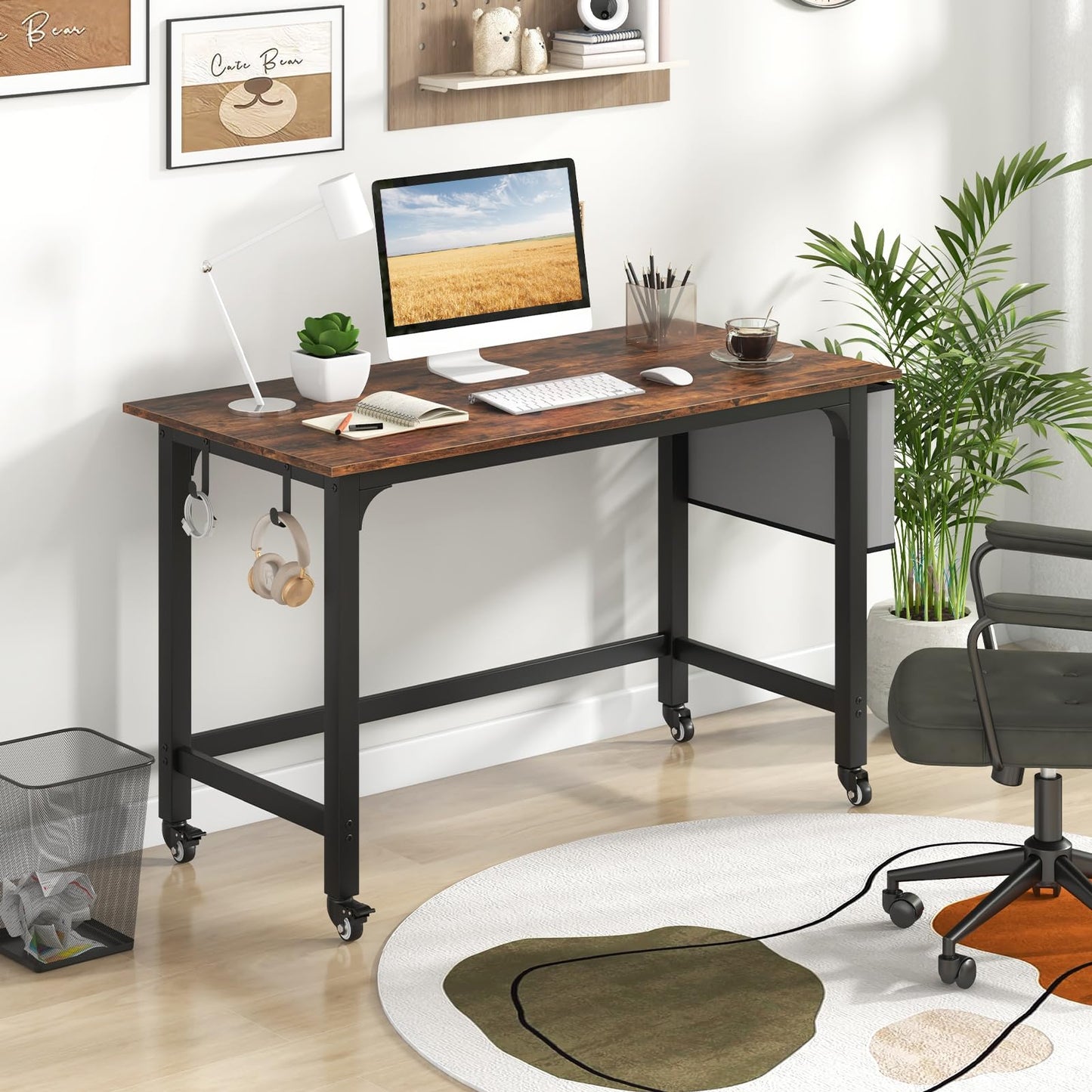 Rolling Computer Desk, 120cm Metal Frame Writing Desk with Wheels, Foldable Storage Bag & Earphone Hooks