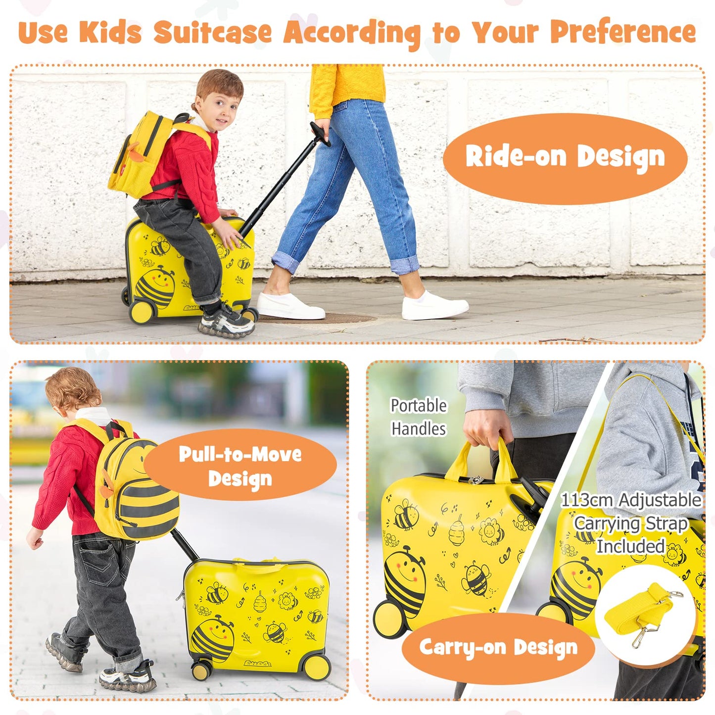 2 PCS Kids Luggage Set, 4L Backpack + 17L Ride-on & Carry-on Hardshell Suitcase with Wheels