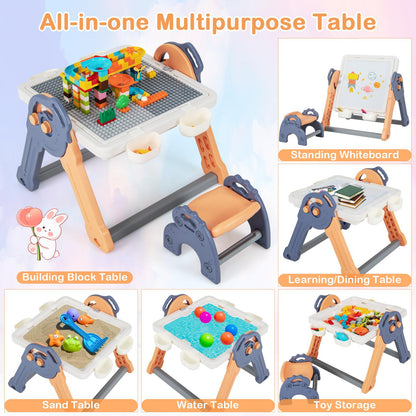 Kids Art Easel, 6 in 1 Toddler Activity Table and Chair Set with Storage, Double-Sided Tabletop, 100+ Building Blocks