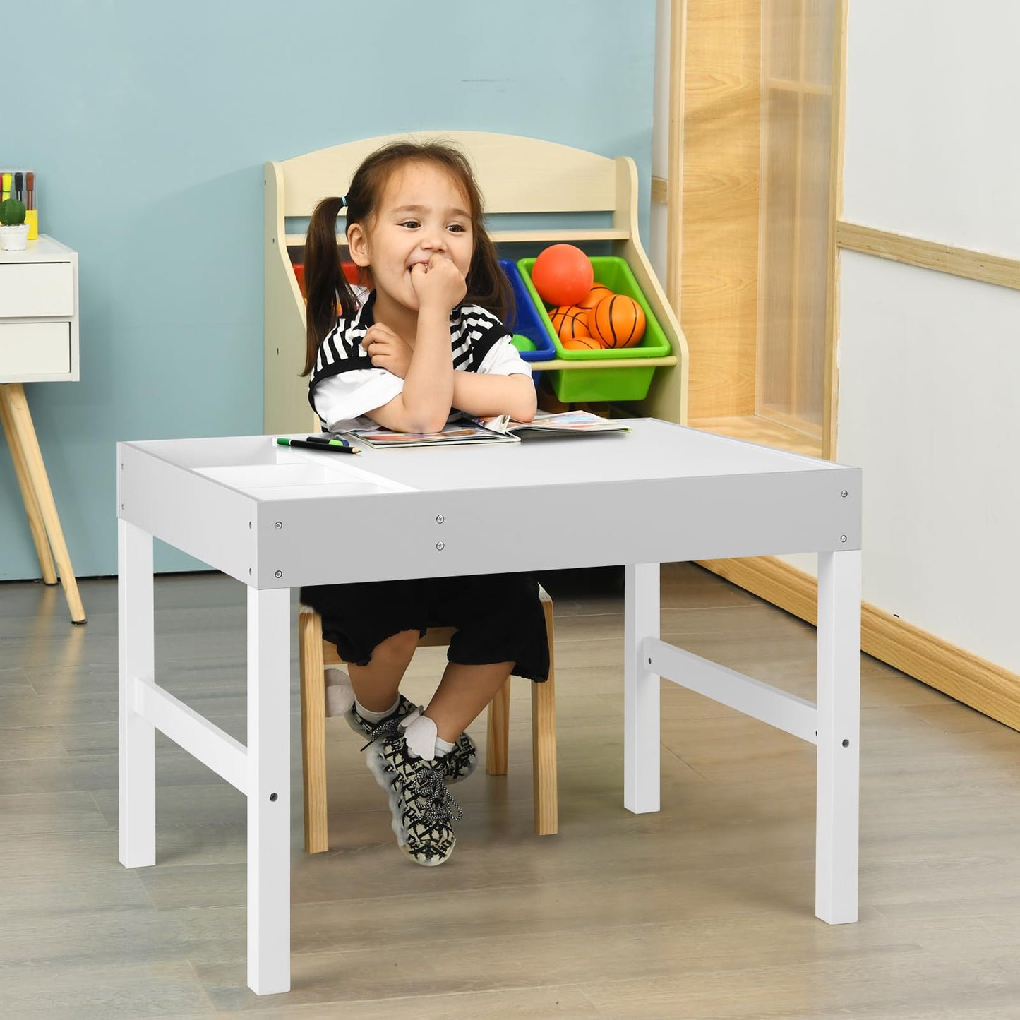 3-in-1 Kids Activity Table, Wooden Children Building Blocks Table with Reversible Tabletop and Storage