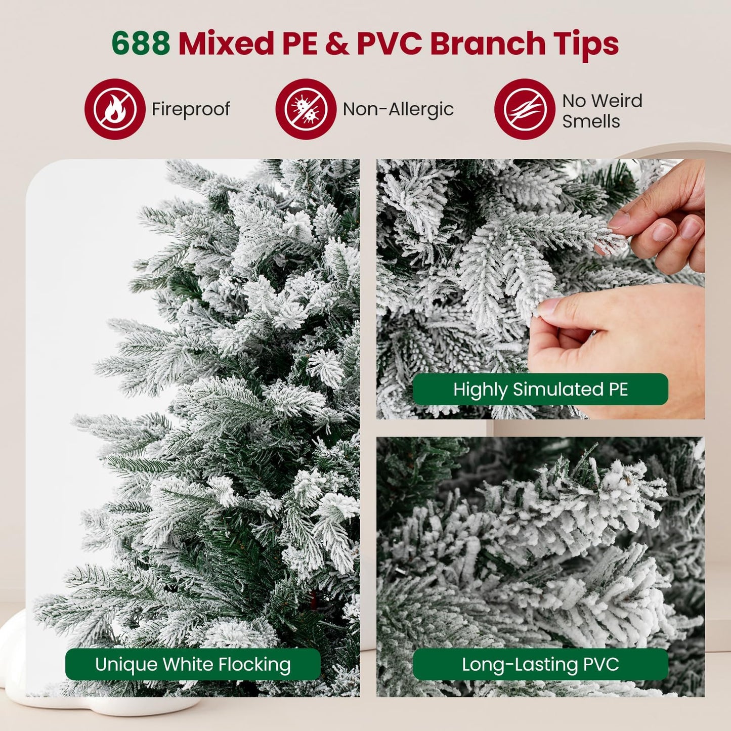 4.5FT/6FT Pre-lit Artificial Christmas Tree, Snow-flocked Hinged Xmas Tree with 200/350 Warm White LED Lights and 688/1022 Branch Tips