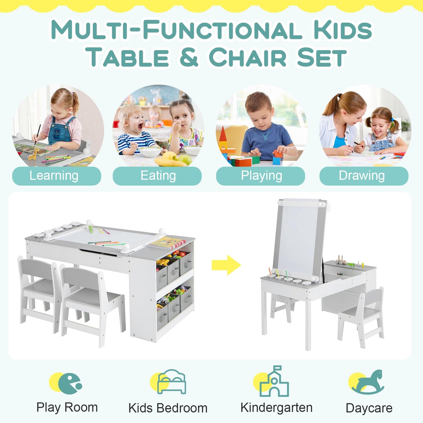 2-in-1 Kids Art Table and Chairs Set, Wooden Toddler Craft Easel Desk with 2-Tier Open Shelf, Storage Bins, Paper Roll and Paint Cups (5 Cups)