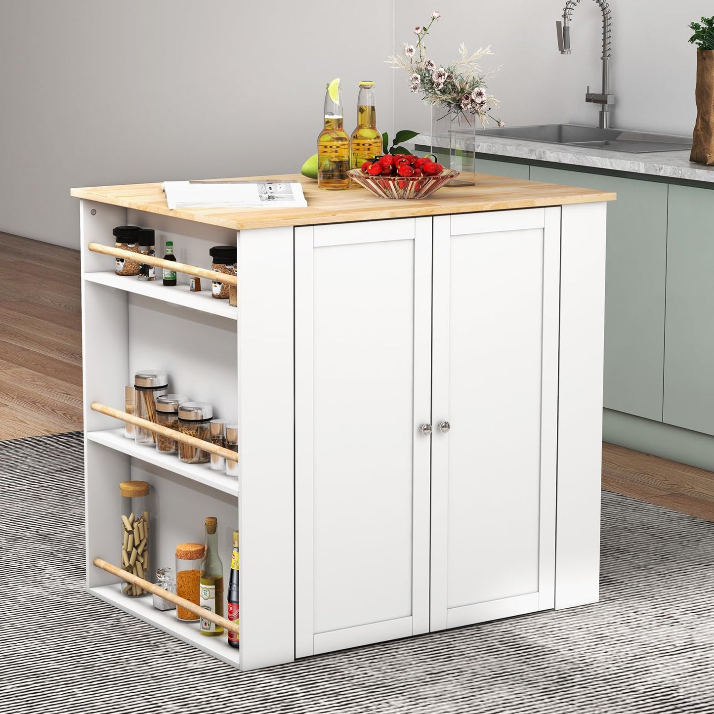 GiantexUK Large Kitchen Island, Buffet Sideboard with Rubber Wood Tabletop, Cabinet, Drawer & Spice Racks