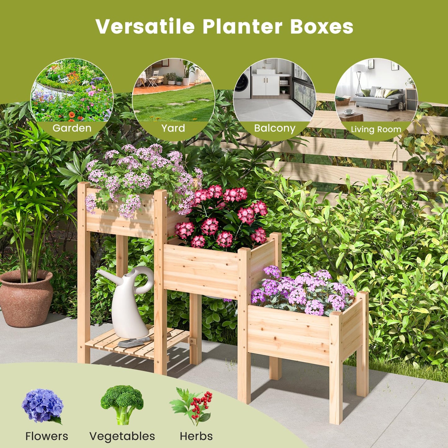 GiantexUK Wooden Raised Garden Bed, 3 Tier Vertical Ladder Garden Planter with Slatted Shelf & Drainage Holes