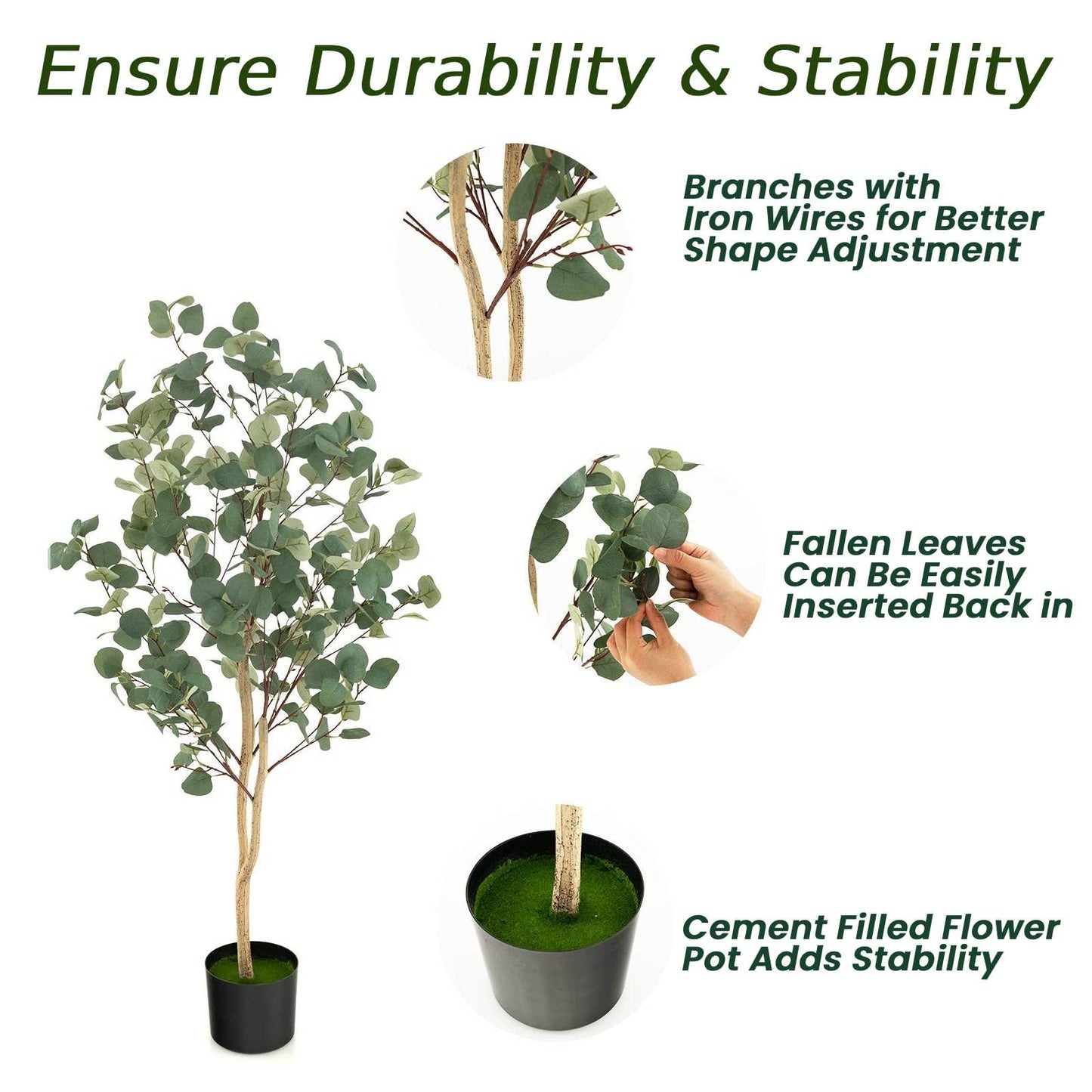 GiantexUK Artificial Eucalyptus Tree, 140cm/165cm Faux Eucalyptus Plant with Silver Dollar Leaves and Cement Pot