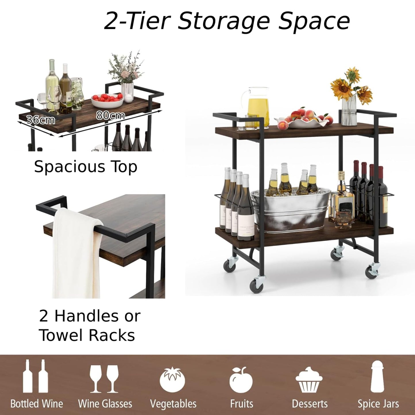 GiantexUK 2-Tier Industrial Serving Trolley, Metal Frame Home Bar Cart with 4 Universal Wheels