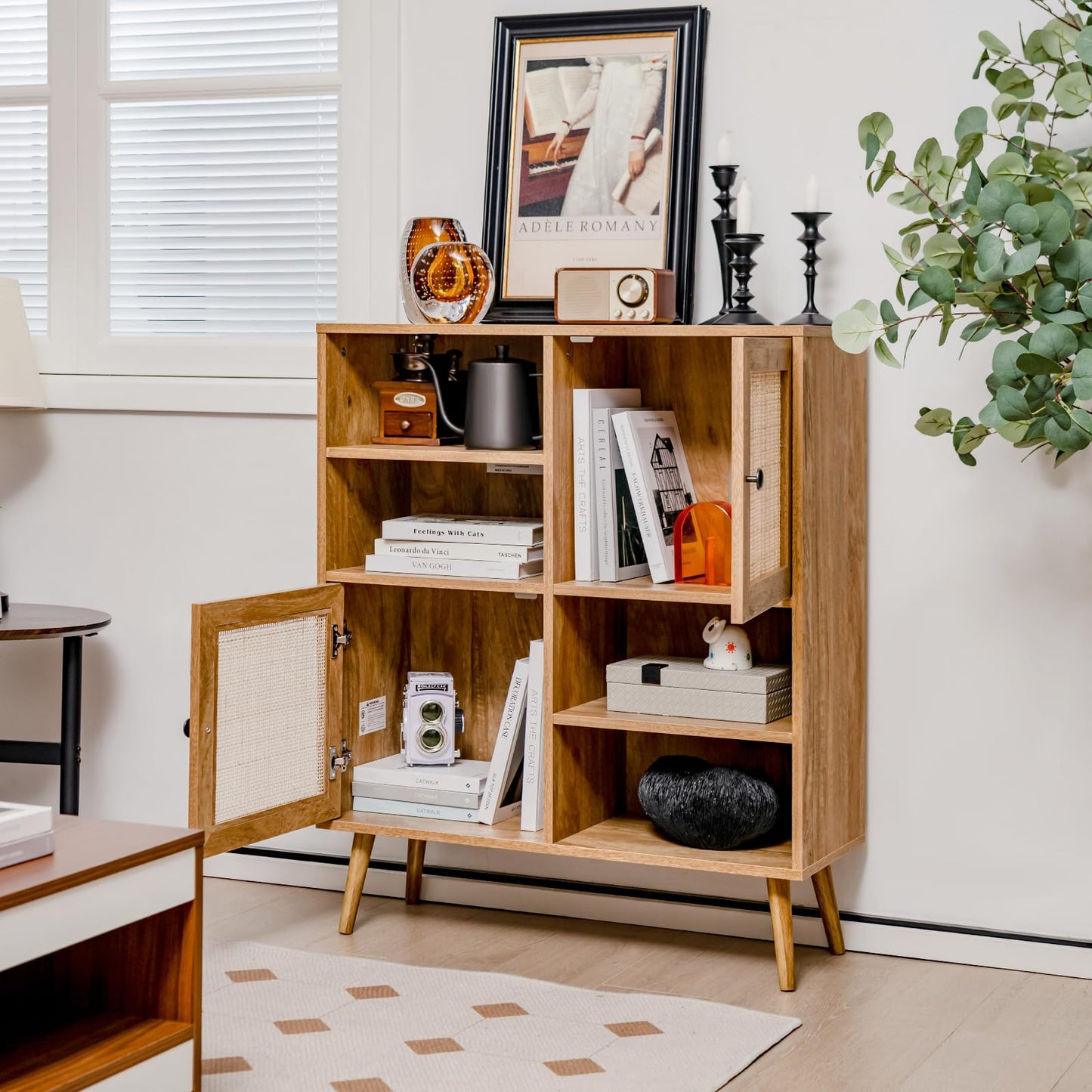 GiantexUK Rattan Storage Sideboard, Wooden Buffet Storage Cabinet with 2 Doors, 4 Open Cubbies & Anti-toppling Device