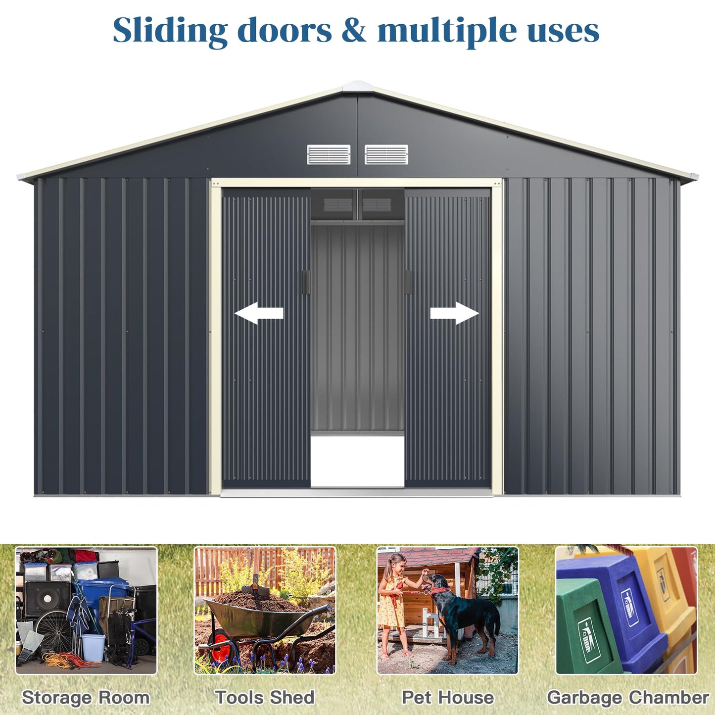 GiantexUK 11x8FT Metal Garden Shed, Outdoor Galvanized Storage House with 4 Vents & Lockable Sliding Doors