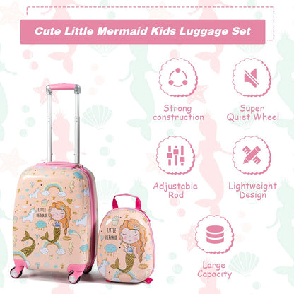 2 Pcs Kids Luggage Set, 12'' Backpack and 18'' Suitcase Children Boys Girls Travel School Trolley Case on Wheels (Mermaid, Pink)