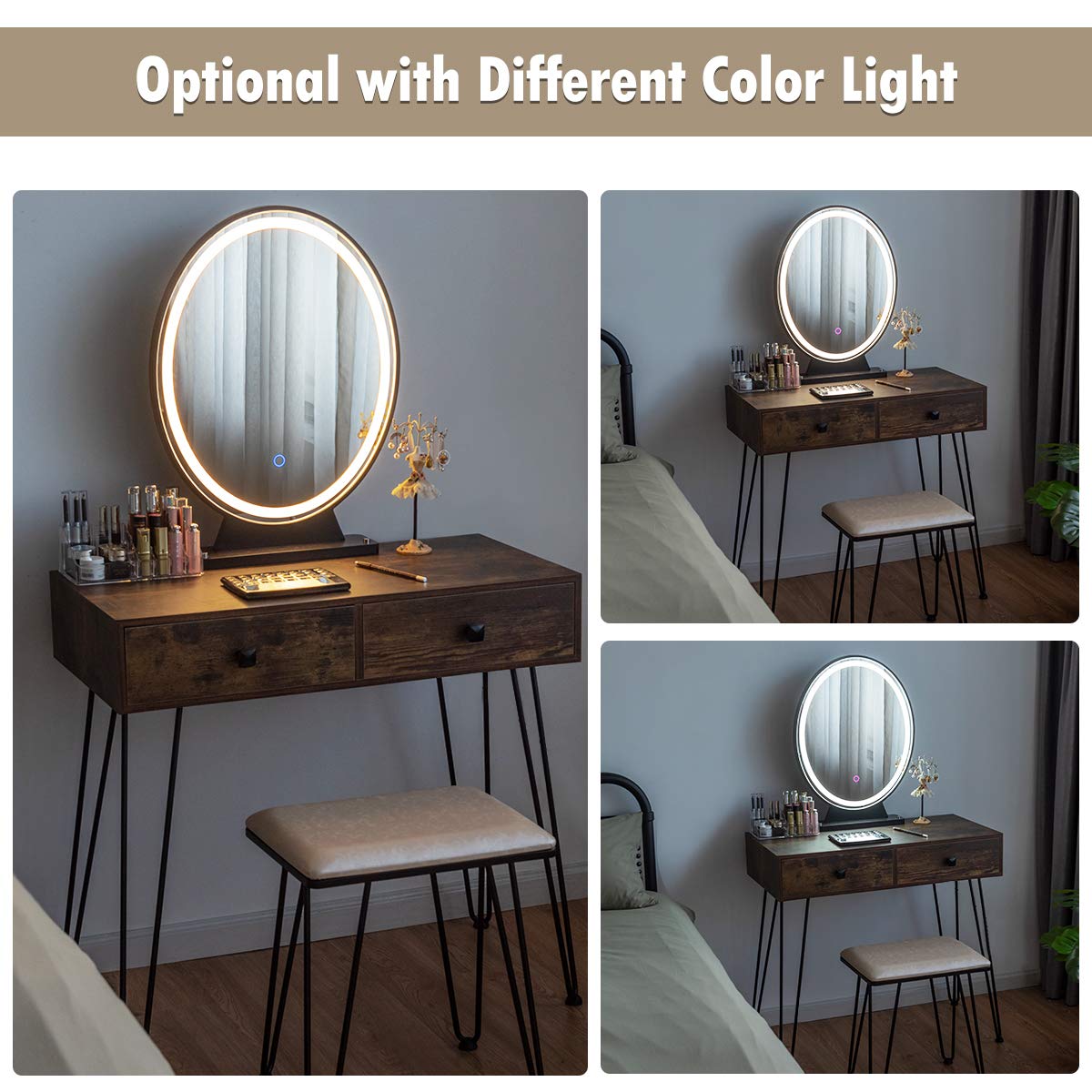 Dressing Table Set, Industrial Cosmetics Dresser with Detachable LED Mirror and Makeup Box (Rustic Brown)