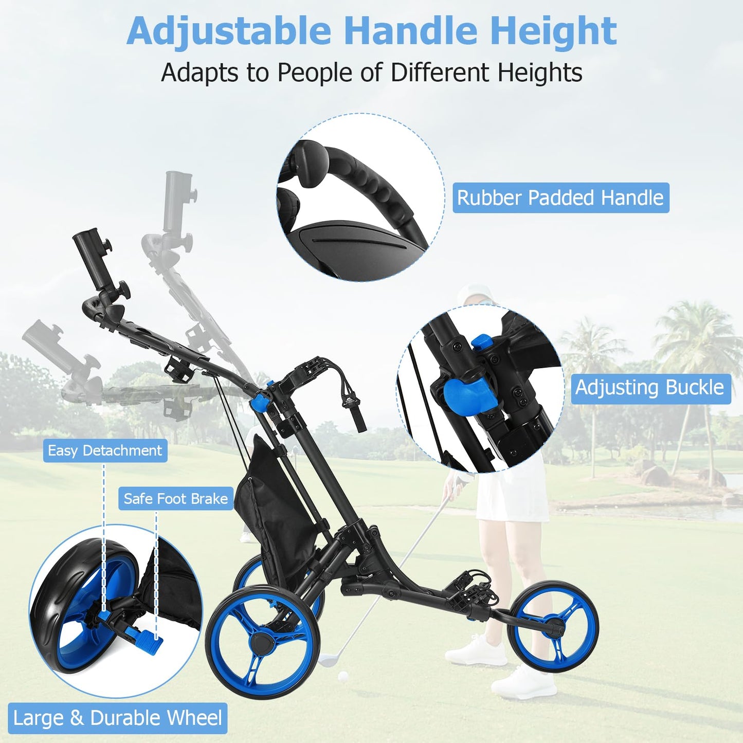 3 Wheel Golf Push Pull Cart, Lightweight Foldable Golf Trolley with Adjustable Height Handle