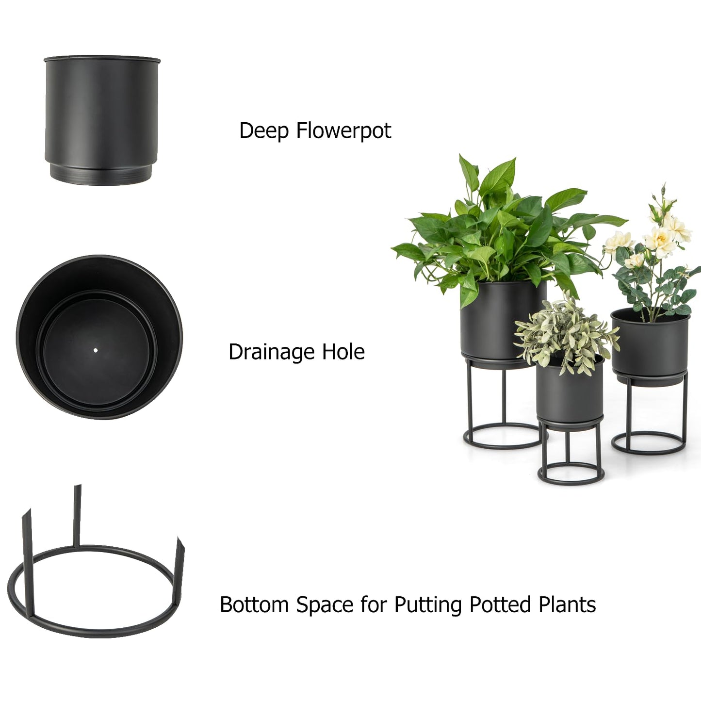 GiantexUK Set of 3 Plant Pot Stands, 2-Tier Metal Planter Pot with Stand & Drainage Hole