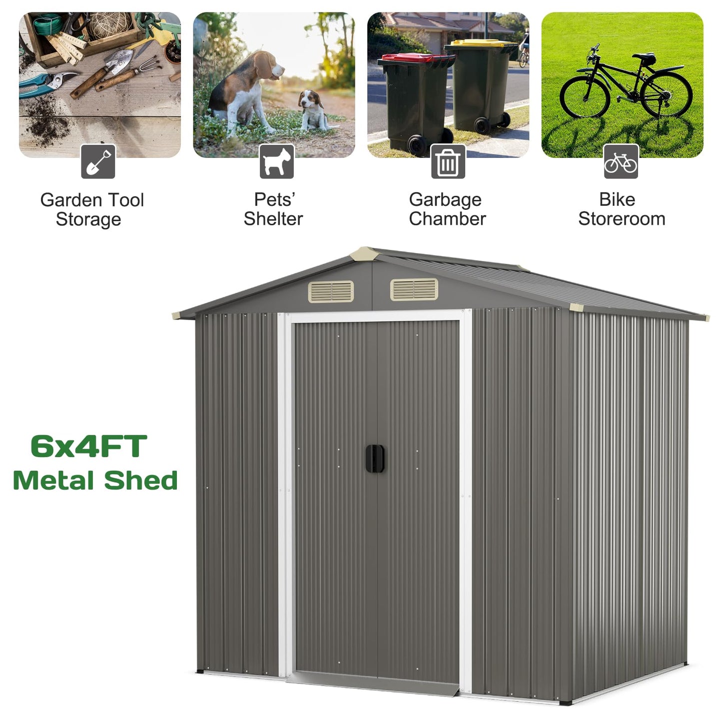 GiantexUK 6x4FT Metal Garden Shed, Outdoor Galvanized Storage House with 4 Air Vents & Lockable Sliding Doors