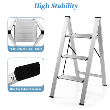 GiantexUK 3 Folding Step Ladder, Aluminum Tread Stepladder with Anti Slip Pedal and Footpads