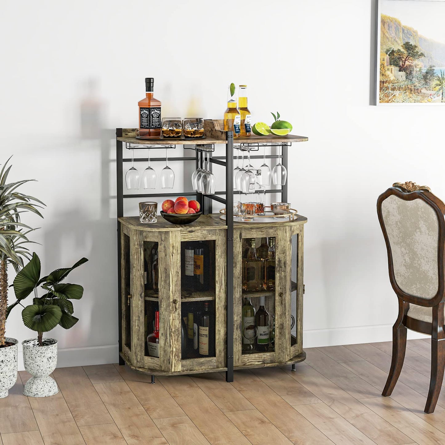 GiantexUK Corner Bar Cabinet, Industrial Wine Cabinet with Glass Holders, Adjustable Shelf & Mesh Doors