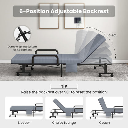 Folding Guest Bed with 8cm Mattress, 6-Position Adjustable Backrest & Side Pocket