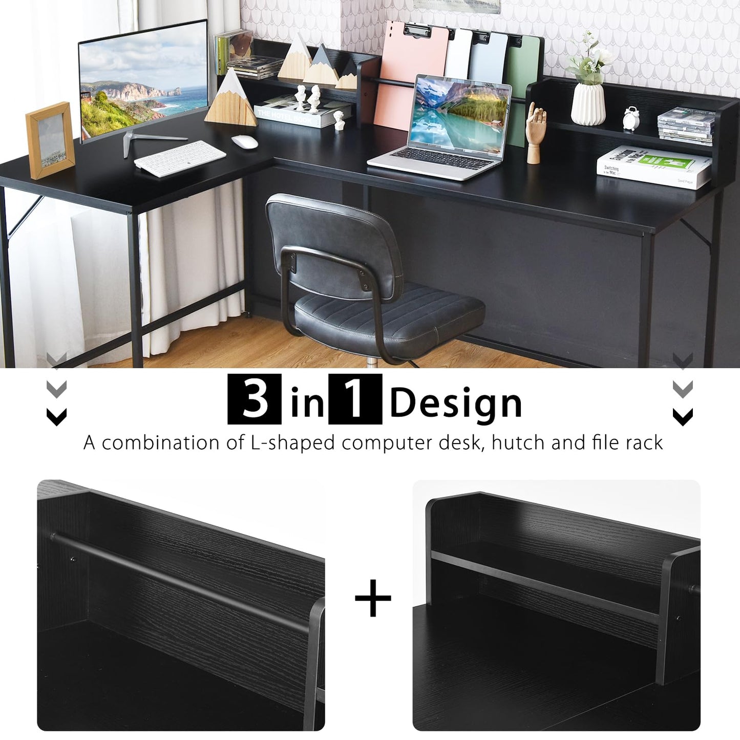 L-Shaped Computer Desk, Industrial Large Corner Desk Writing Study Table with Hutch