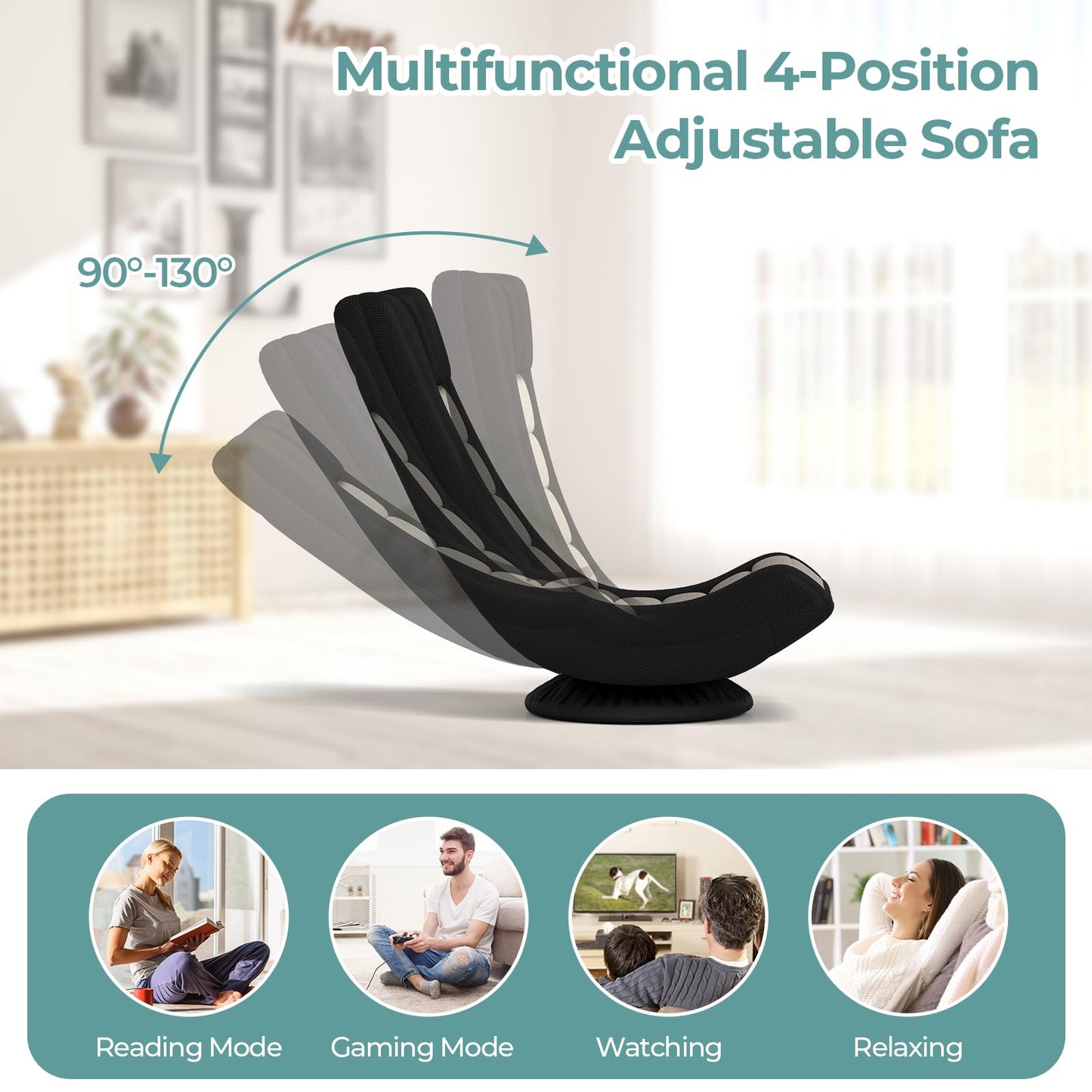 Folding Floor Chair, 360° Swivel Lazy Sofa Chair with 4-Position Adjustable Backrest