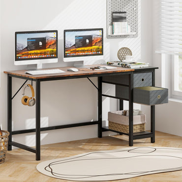 Computer Desk, Metal Frame Study Table Workstation with 2 Removable Drawers (140 x 60 x 75 cm)